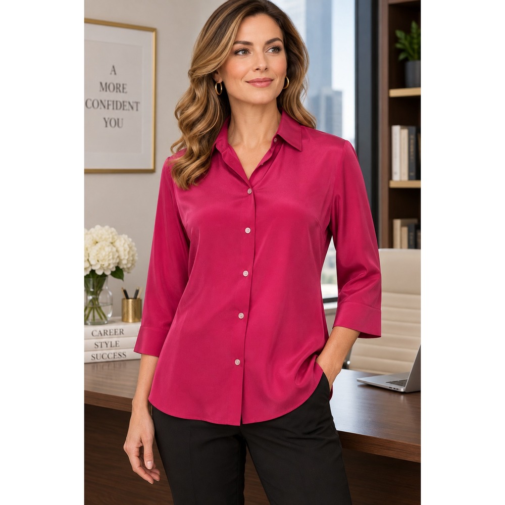 Talbots Womens 8 Stretch Button Up Top Dark Pink Silk Blend 3/4 Sleeve